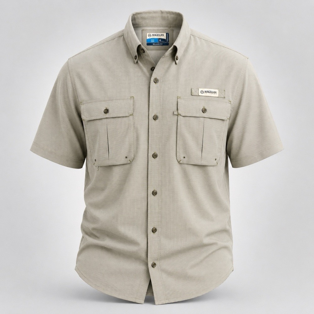 Magellan SHIRT Relaxed Fit Moisture Wicking Fish Gear S/S XL GRAY CHECK